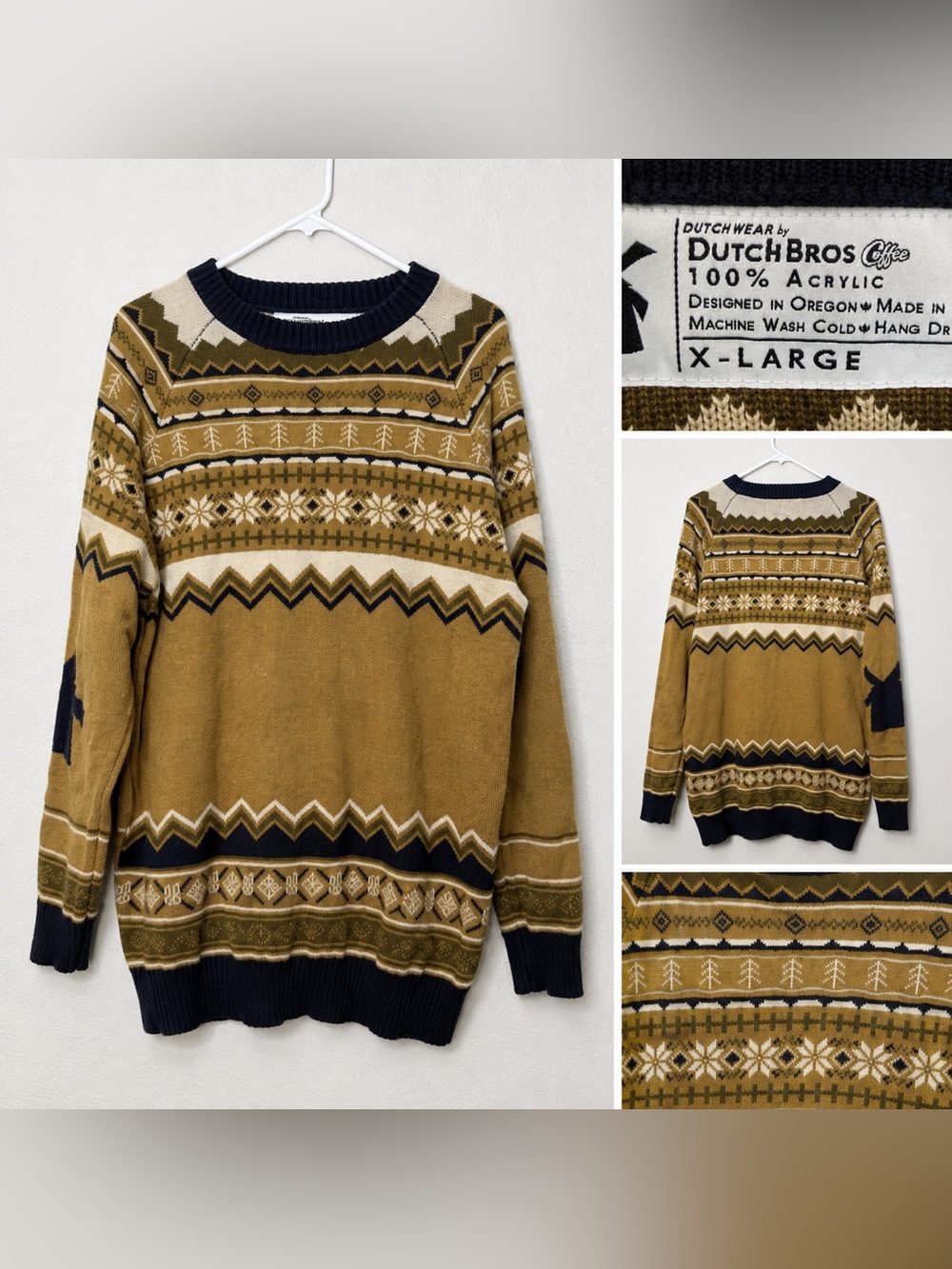 Dutch Bros Coffee Sweater Mens XL Fair Isle Brown Gold Crewneck Pullover Tan